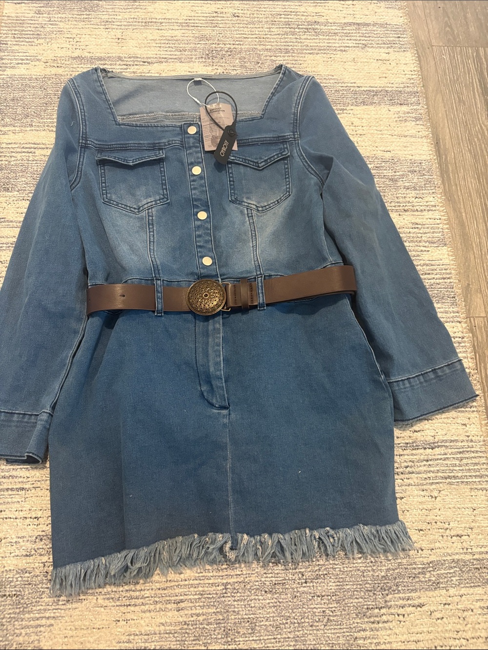 NEW Oyrosy Womens Blue Denim Long Sleeve Square Neck Belted Mini Dress Size Med